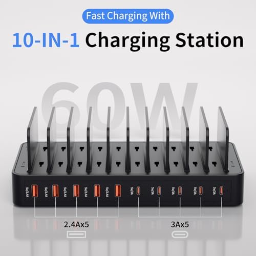 Revolutionize Your Charging Setup with a 60 W 10-Port USB Fast Charging Station – Versatile Device Organizer with Adjustable Dividers for i Phone, Android, Tablets & More – Superior Compatibility & Enhanced Efficiency for Home or Office Use
