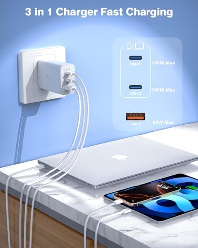 Power Up with the Ultimate 100 W USB-C Charger Bundle: Dual USB-C Ports with 140 W 6 FT Braided Cable for Fast, Simultaneous Charging of i Phone 16/15, i Pad Pro, and Mac Book – Experience Intelligent Protection for Safe Use and Travel-Ready Convenience – Maximize Charging Efficiency and Minimize Downtime with Our High-Performance 3-Port Adapter – Perfect for Home, Office, and On-the-Go Charging Needs – Universal Compatibility Ensures Fast Charging for All Your Devices – Stay Connected and Powered Up Anytime, Anywhere!