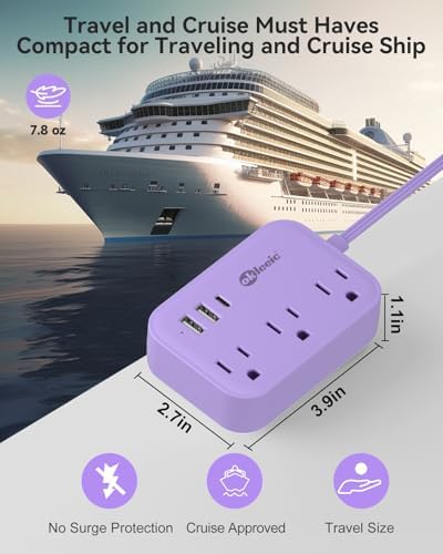 Compact PD 20 W USB C Travel Power Strip with Flat Plug Design, 3 AC Outlets & 3 USB Ports for Rapid Charging – Ideal Cruise Ship Essential & Versatile Charging Station for i Pad Pro, i Phone, Samsung Devices – 3 FT Short Extension Cord for Convenient Use