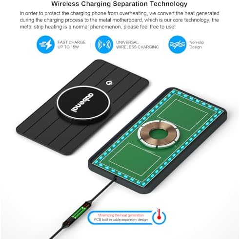 Aubenai 15 W Magnetic Wireless Car Charger Pad with RGB Lighting – Fast, Non-Slip Charging Mat Compatible with Mag Safe i Phone 16/15/14/13/12, Includes 70 cm USB-A Extension Cable for Enhanced Compatibility and Installation Flexibility