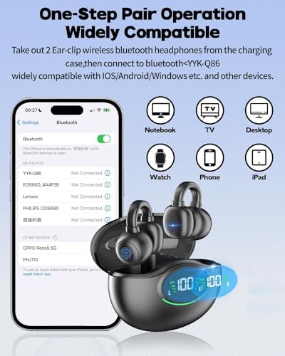 Premium Bluetooth 5.3 Clip-On Wireless Earbuds – Noise Cancelling Waterproof Headphones with 80-Hour Battery Life, 4 HD Mics for Crystal-Clear Calls, Perfect for Sports, Travel, and Office Use – Exceptional Comfort & Sound Quality for Android & i OS (Black)