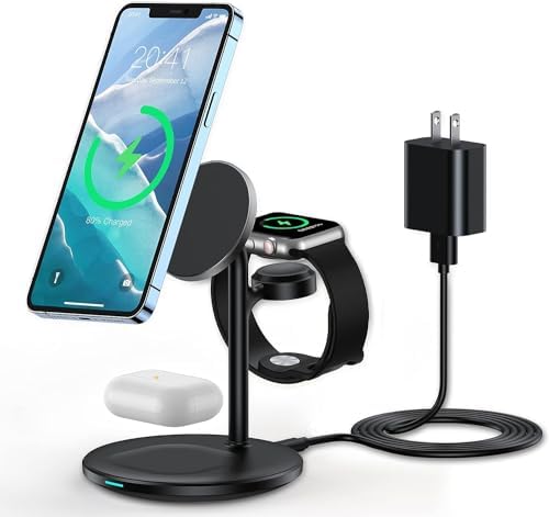 Sleek Yellow Wood Grain 3-in-1 Wireless Charging Station for Apple Devices – Fast 15 W Mag-Safe Charger with QC 3.0 Adapter for i Phone 16/15/14/13/12, Apple Watch Ultra/S9/8, and Air Pods – Elevate Your Workspace with Ultimate Compatibility and Modern Aesthetics, Perfect for Streamlined Charging Solutions