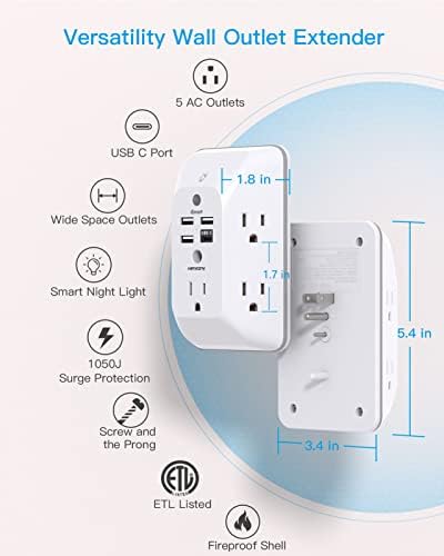 HANYCONY Versatile Black Outlet Extender with USB-C and Night Light – 4-Port Surge Protector Power Strip for Fast Charging in Home, Office, and Dorm Settings – Maximize Device Compatibility and Safety