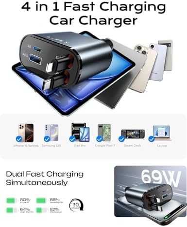 LISEN 69 W Retractable Car Charger for i Phone 16 – Fast USB-C Charging Adapter for Trucks and Cars, Tangle-Free Design, Essential Travel Accessory for Rapid Power Boost, Compatible with i Phone 16, 15, 14, 13, 12 Pro Max, Durable and Efficient