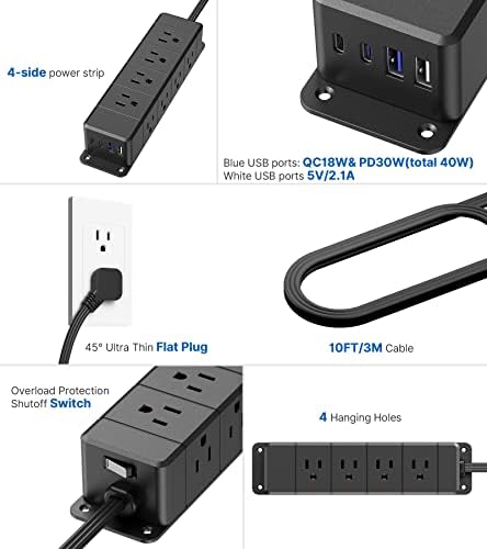 Maximize Workspace Efficiency with the 45 W USB-C Fast Charging Power Strip – 12 Outlets, 4 USB Ports, 1200 J Surge Protection, and 6 FT Flat Extension Cord for Seamless Under Desk Mounting and Enhanced Device Compatibility