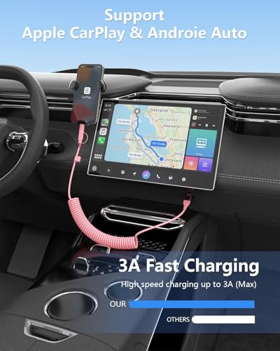 Versatile 4-in-1 Coiled USB C and Lightning Cable for i Phone 15 and 16 – 3 FT Fast Charging Car Charger Cord with 60 W Power Output, Stylish Pink Design, Compatible with Car Play and Android Auto for Ultimate Convenience and Enhanced Connectivity