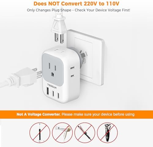 TESSAN Universal European Travel Power Adapter – 3 High-Speed USB Ports (2 USB-C) & 4 AC Outlets for Seamless Device Charging Across France, Germany, Spain, Greece & More – Compact Multi-Port Solution for Global Travelers – Ultimate Type E/F Plug Converter for Efficient Connectivity