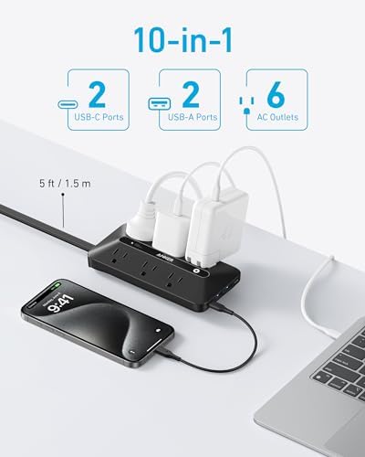 Anker Ultra-Thin 10-in-1 Power Strip with 300 J Surge Protection & USB Charging Hub – 6 AC Outlets, 2 USB-A, 2 USB-C Ports, 5-Foot Extension Cord for Home Office, College Dorm, and Workspaces – Space-Saving Desk Charging Station