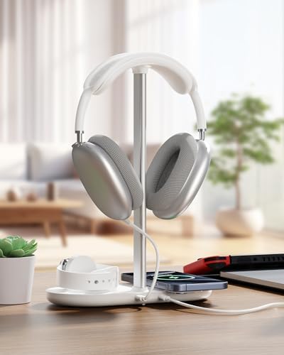 Transform Your Gaming Experience with the Hi We 3-in-1 Premium Headphone Stand & Wireless Charging Dock – Universal Desktop Organizer for Headphones, Air Pods, and Smartwatches – Durable Aluminum Alloy with Elegant Leather Pad and Stable ABS Base – Quick Charge Functionality for All Your Essential Devices