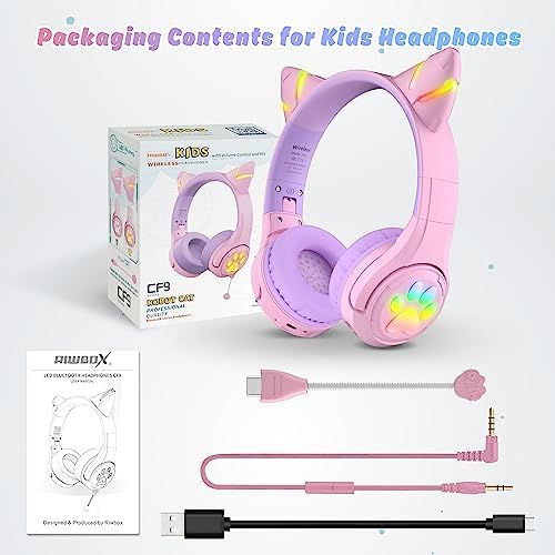 Riwbox CF9 Cat Ear Bluetooth Headphones for Kids – Safe 85 d B Volume Limit, Fun LED Light-Up Design, Dual Microphones for Clear Calls, Perfect for Tablets, Schools, Air Travel & Remote Learning, Lightweight Comfort in Trendy Purple