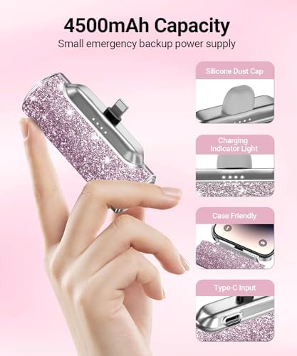 Sleek Shiny Pink Mini Power Bank with Built-in Lightning Connector – 4500 m Ah Compact Charger for i Phone 14/13/12/11/XR/8/SE Series – Stylish Glitter Battery Pack for Effortless On-the-Go Charging and Enhanced Compatibility
