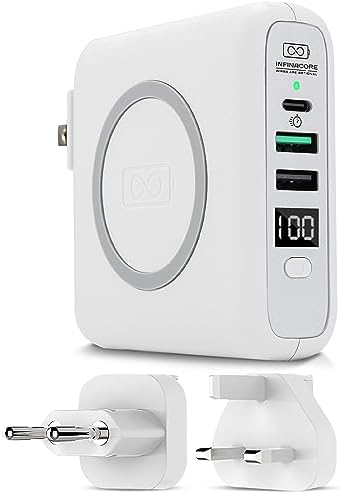 Infina Core P3 8000 m Ah Portable Power Bank: Ultra-Fast 18 W USB-C Charger with 4-in-1 Functionality, Qi Wireless Compatibility, and Travel-Ready Foldable Plug for Effortless Device Charging on the Go
