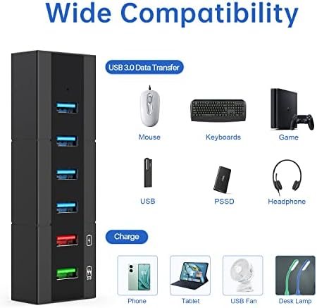 Unlock Seamless Connectivity with RAOYI 6-Port Powered USB 3.0 Hub – High-Speed Data Transfer, Smart Fast Charging, and 24 W Power Adapter for Laptops, PCs, and Macs – Ideal USB Splitter for Enhanced Device Management and Productivity in Sleek Black