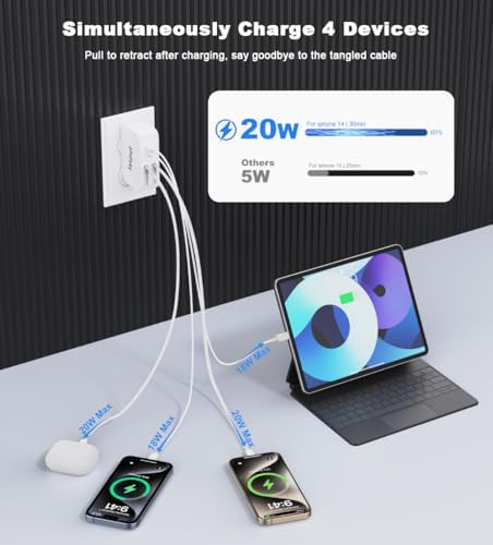 Ultimate 4-in-1 Retractable Wall Charger with Dual USB Ports – 40 W Fast Charging for i Phone 16/15/14/13, Galaxy S24/S23, LG & Pixel – Compact Multi-Device Charger with Tangle-Free Cables for Enhanced Portability and Compatibility