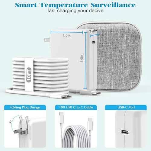 High-Efficiency 96 W USB-C Mac Book Charger with 10 ft 140 W Cable | Ultra-Fast Charging for Mac Book Pro & Air | Compact Folding Design for Easy Portability | Universal Compatibility with M1, M2, M3 Models & i Pad Pro | Enhanced Safety Features for Reliable Performance