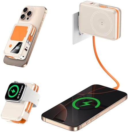 Revolutionary 3-in-1 Magnetic Wireless Power Bank – 10,000 m Ah Capacity with Built-in Cables and AC Plug – 22.5 W Fast Charging for i Phone 15/14/13/12, Apple Watch, and Air Pods – Ultimate Travel Companion for Seamless Device Charging