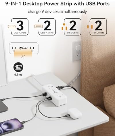 Compact Power Strip with USB-C and Dual USB-A Ports – 3 ft Extension Cord with 4 Outlets & 4.8 A Fast Charging Station for Laptops, Tablets, and Smartphones – Flat Plug Design Perfect for Tight Spaces and Travel – Versatile Multi-Device Charging Hub for Home and Office Use