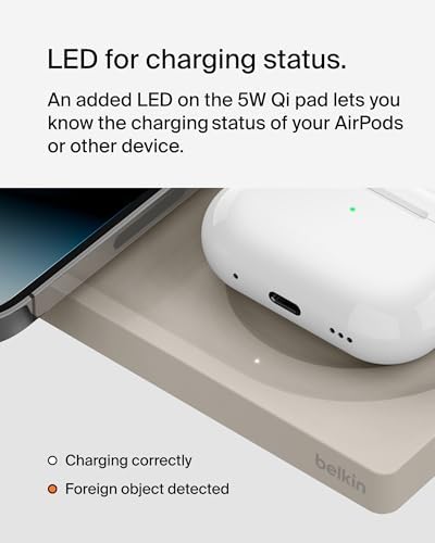 Belkin 15 W Mag Safe-Compatible 2-in-1 Wireless Charging Station – Fast Dual Device Charger for i Phone 16, 15, 14, 13 Series & Air Pods – Sleek Sand Design for Effortless Portability and Seamless Power Solutions