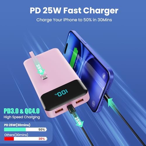 High-Capacity 40800 m Ah Portable Charger with Integrated Cables – Fast PD 25 W USB-C & QC4.0 Power Bank for i Phone 15/16 and Samsung – Smart LED Indicator, 5 Outputs for Multi-Device Charging – Ultimate Travel Companion for On-the-Go Power Solutions