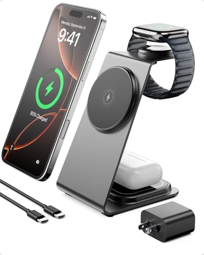 Intoval Premium 3-in-1 Magnetic Wireless Charging Dock for i Phone 16/15/14/13/12 Pro Max, Apple Watch Series 10 Ultra/SE/9/8/7/6, and Air Pods Pro/2/3 – Sleek Silver Design with Fast Charge Technology for Ultimate Convenience and Compatibility