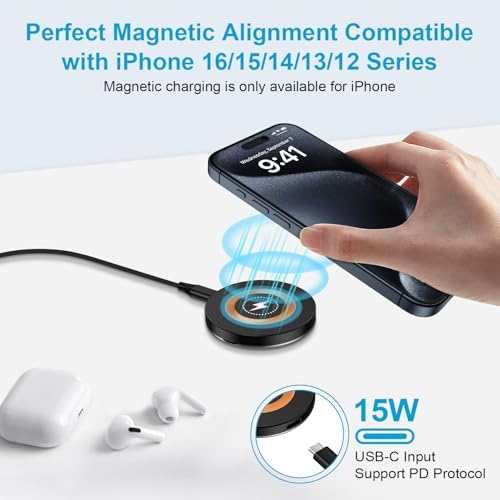 SIXSIM 15 W Magnetic Wireless Charging Pad with 20 W PD3.0 Adapter – Fast & Reliable Charger for Galaxy S25 Series, i Phone 16/15 Pro Max, and Google Pixel 9/8 Pro – Compact & Portable Design for Effortless Charging Anywhere, Supports Through-Case Charging Up to 5 mm – Enhanced Safety Features with Fire-Resistant ABS Material – Ideal for On-the-Go Charging Solutions – Includes 3 ft USB-C to USB-C Cable for Instant Power Connectivity – Elevate Your Charging Experience with Superior Magnetic Attraction and Versatile Compatibility for All Wireless-Charging-Enabled Devices – Perfect for Home, Office, or Travel Use – 24/7 Customer Support for a Hassle-Free Purchase Experience