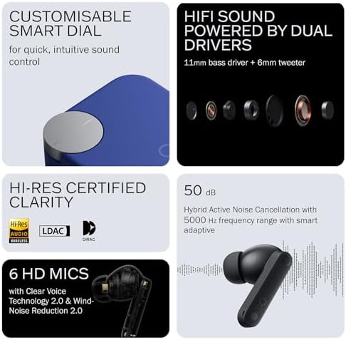 CMF Buds Pro 2 Wireless Earbuds – Superior Hi-Res LDAC Audio with 50 d B Hybrid Noise Cancellation and Ultra Bass for Dynamic Sound, Seamless Bluetooth 5.3 Connectivity, 43 Hours of Playtime with Compact Charging Case, Enhanced Six HD Microphone System for Optimal Call Clarity, Stylish Dark Grey Finish Perfect for Modern Audiophiles