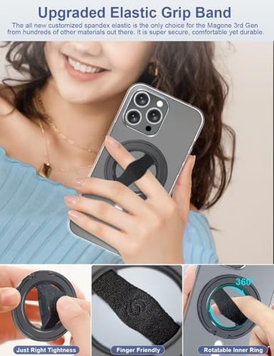 EWA Mag One 3 rd Gen Magnetic Phone Grip Stand – Sleek Black Design for i Phone 16, 15, 14, 13, 12 Series – Enhance Stability with Removable Magnetic Ring Holder and Integrated Finger Strap – Ultimate Hands-Free Kickstand for Streaming and Texting