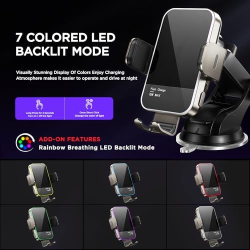 High-Speed Wireless Car Charger with Auto-Clamping Phone Mount and RGB Backlight – 15 W Qi-Compatible Charging for i Phone 15, 14, 13, 12 Mini, Pro Max, 11, XR, X, Samsung Galaxy S23 Ultra, S22, S21+ – Sleek Silver Design for Enhanced Aesthetics and Safety on the Road