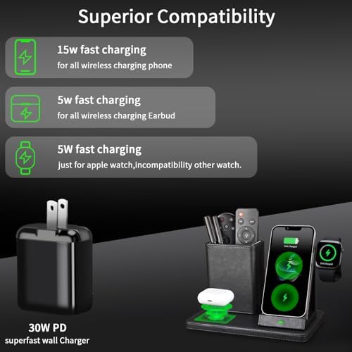 Sophisticated White Leather Pen Holder Desk Organizer with 3-in-1 Wireless Charger for Phone, Earbuds & Watch – Ultimate Desk Accessory for Women, Ideal Birthday Gift for Moms and Professionals – Enhance Workspace Efficiency and Style