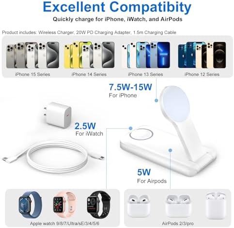 Revolutionize Your Charging Routine with the 3-in-1 Magnetic Wireless Charging Station for Apple Devices – Fast Charge Your i Phone 15/14/13/12/Pro/Pro Max, Apple Watch, and Air Pods in One Sleek, Portable Design – Ultimate Compatibility and Organization for the Modern User – Compact and Tangle-Free Solution for Home, Office, and Travel – Stylish White Finish for Any Environment