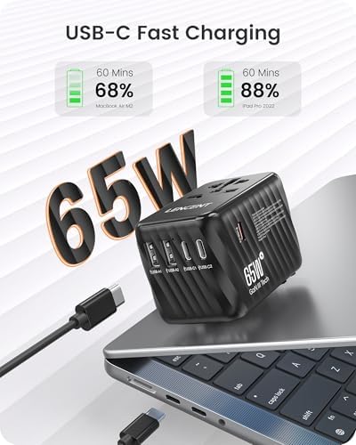 LENCENT 85 W Universal Travel Adapter with Retractable USB-C Cable – High-Speed International Plug Converter Featuring 3 Type-C & 1 USB-A Ports for Effortless Worldwide Charging – Your Ultimate Travel Essential for Maximum Compatibility, Fast Charging, and Ga N Technology Efficiency