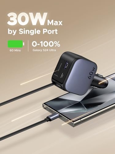 UGREEN 60 W 3-Port Retractable Car Charger with Dual USB-C & USB-A Ports – Rapid Charging Solution for i Phone 16/15, Galaxy S25/S24, i Pad & GPS – Compact Cigarette Lighter Adapter for Enhanced Versatility and Efficiency on the Road