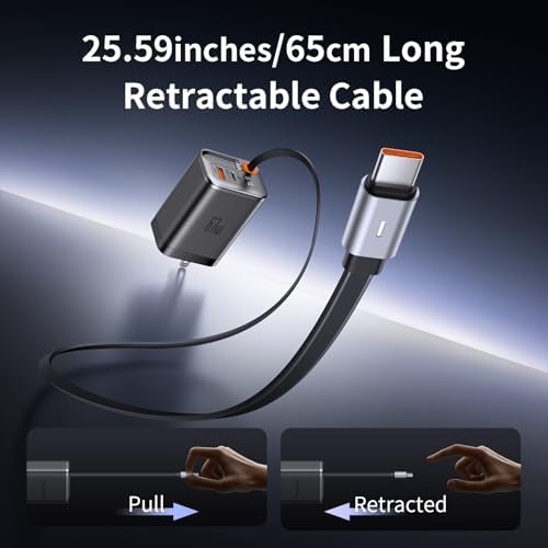 Mcdodo 67 W Ga N USB C Charger Block with Retractable Type-C Cable – Dual Port Fast Charging for i Phone 16/15, Galaxy, i Pad, and Mac Book – Compact, Foldable Design for Ultimate Portability and Enhanced Efficiency