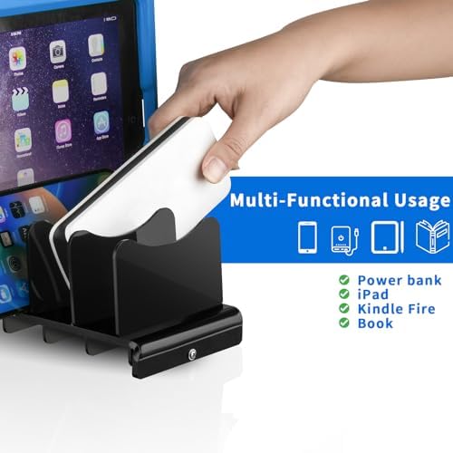 Sleek Acrylic Multi-Device Charging Stand – Black Organizer for Power Banks, Phones & Tablets – 4 Slot Desktop Holder with Enhanced Airflow for Rapid Charging & Tangle-Free Storage – Ideal for Home & Office Use