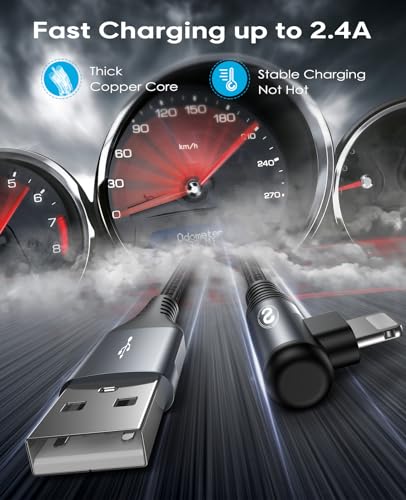 10 FT Right Angle i Phone Charger Cable 2-Pack – MFi Certified Lightning Fast Charging for i Phone 14/13/12/11 Pro Max & More – Durable Nylon Braided Design for Optimal Performance and Tangle-Free Convenience – Perfect for Gaming and Streaming