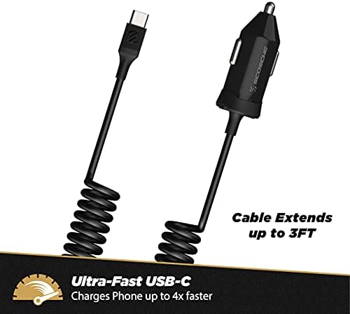 Scosche CPDC203 Power Volt 20 W Fast Car Charger with 3-Foot Adjustable Coiled Cable – Universal USB-C Compatibility, Power Delivery 3.0 for Rapid Charging of Smartphones, Tablets, and More – Compact and Efficient Travel Accessory