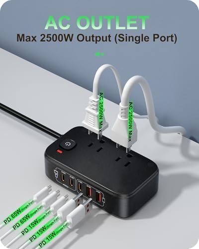 Ultimate 7-in-1 Power Strip with 65 W Ga N Technology | Flat Plug Design for Space-Saving | 3 USB-C & 2 USB-A Ports for Rapid Charging | 2500 W AC Outlet for Home, Office, College & Travel | Versatile Surge Protector for All Devices