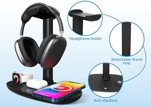 Transform Your Space with the Ultimate 4-in-1 Headphone Stand & 15 W Qi Wireless Charger – The Perfect Detachable Accessory Organizer for Home, Travel, and Hotels, Offering Fast Charging and Universal Compatibility for All Your Devices