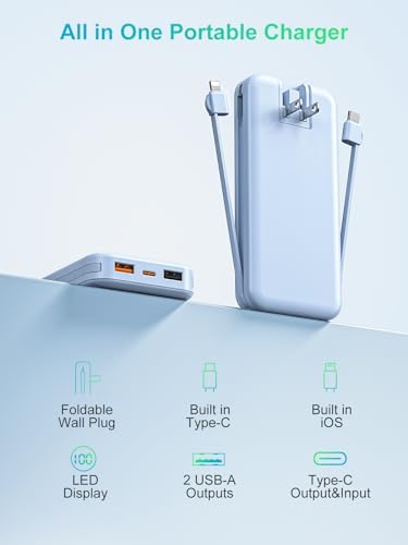 Ultra-Fast Portable Phone Charger with 12000 m Ah Capacity – All-in-One Power Bank with Integrated Cables, Wall Plug, and LED Display for i Phone, i Pad, Samsung – Essential Travel Companion for Uninterrupted Connectivity