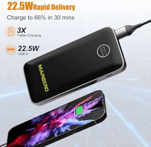 MARBERO 10,000 m Ah Slim Fast Charging Power Bank with PD & QC Technology – Lightweight Portable Charger for Phones and Tablets, Ideal for Travel and Camping – LED Display for Easy Battery Monitoring and Enhanced Device Compatibility