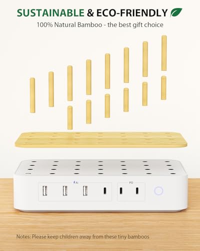 Eco-Friendly Bamboo USB-C Charging Hub – 60 W 6-Port Multi-Device Dock with 3 AC Outlets, 3 USB-C, 3 USB-A Ports, 6 Mixed Cables Included, 6.6 ft Power Cord for i Phones, i Pads & Tablets – Fast, Efficient Charging Solution with Elegant Design