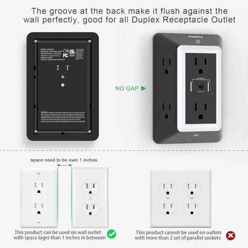 Maximize Your Charging Efficiency with the POWRUI 6-Outlet Extender & USB Wall Charger – Versatile Surge Protector with Dual 2.4 A USB Ports, Integrated Night Light, 3-Sided Design for Optimal Space Utilization, ETL Certified Safety, Ideal for Home and Office Use