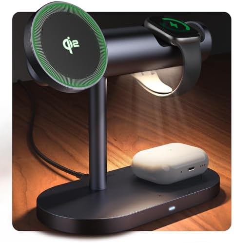 IVANKY Qi2 Certified 4-in-1 Wireless Charging Stand with Adjustable Nightstand Light – Fast Charge for i Phone 16/15/14, Apple Watch, and Air Pods – Sleek Design with Enhanced Safety Features and Magnetic Stability for Tangle-Free Convenience