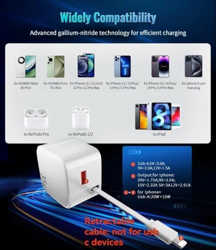 Rapid Charge 35 W Retractable Wall Charger with Built-In Cables – Cutting-Edge Gallium Nitride Technology for Swift Power Delivery to i Phone 14/13/12/11 Pro MAX/XR/XS/8/7 & i Pad – Compact & Travel-Friendly Design for Seamless Charging at Home, Office, or On-the-Go – Tangle-Free Convenience