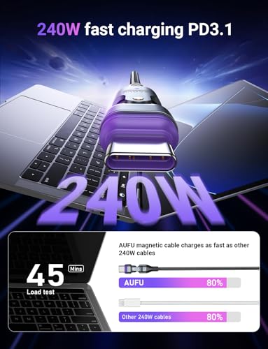 AUFU 240 W Magnetic Charging Cable – 16 PIN, 6 ft USB-C Charger with 180° Rotating Head for i Phone 15/16, Mac Book, i Pad, and Samsung Galaxy – Rapid Charging & Data Transfer – Durable, Tangle-Free Design for On-the-Go Convenience