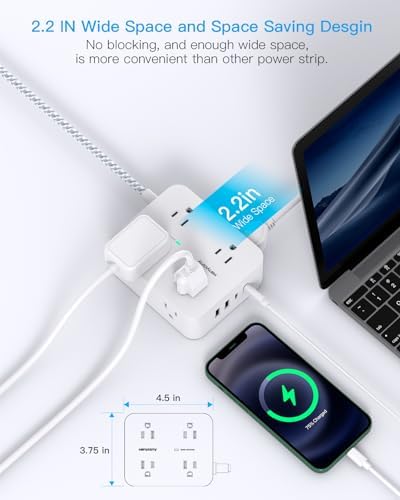 HANYCONY 6 ft Surge Protector Power Strip with 8 Outlets & 2 USB-C Ports – Essential College Dorm Extension Cord with Space-Saving Flat Plug for Fast Charging and Device Safety – Perfect for Home Office and Tech Needs