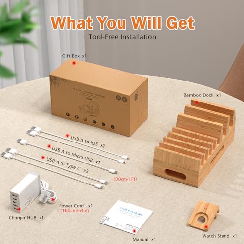 Bamboo Charging Station Organizer with 5-Port USB Hub and Charging Cables – Elegant Multi-Device Dock for Phones, Tablets, and Smartwatches – Eco-Friendly and Efficient Charging Solution for Home and Office Decor