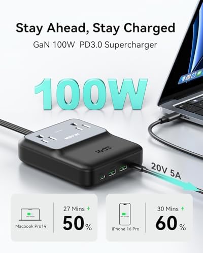 Ultimate 100 W Ga N USB-C Charging Station with Surge Protection – 6-Port Multi-Device Power Strip for Mac Book Pro, i Phone 16 Pro, and Chromebook – Space-Saving Flat Plug Design and 5 ft Extension Cord for Flexible Use – Perfect for Home and Travel