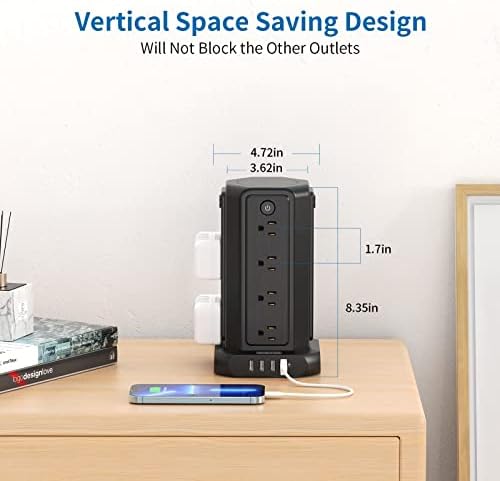 NTONPOWER 16-Outlet Surge Protector Tower with 4 USB Charging Ports – Advanced Desktop Power Strip with Individual Switches, 5 ft Extension Cord, and 1080 J Surge Protection for Home Office & Dorm Room Efficiency – Space-Saving & Safe Power Solution