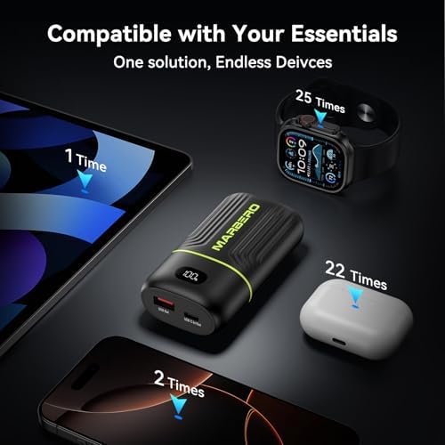 MARBERO Ultra-Lightweight 10,000 m Ah Fast Charging Power Bank – Compact USB-C Charger with 18 W Output for i Phone, i Pad, Samsung Galaxy & Google Devices – Essential Travel Companion with Advanced Safety Features for On-the-Go Power Management